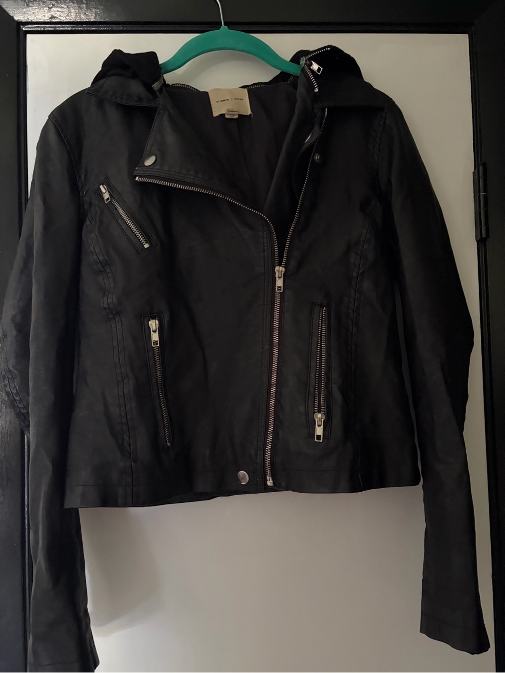 Silence + Noise Women’s Black Hooded leather Moto Jacket
